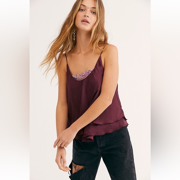 NWT Free People Turn It On Cami Satin and Sequin Top In Color Vetiver Bloom XS - Picture 1 of 10